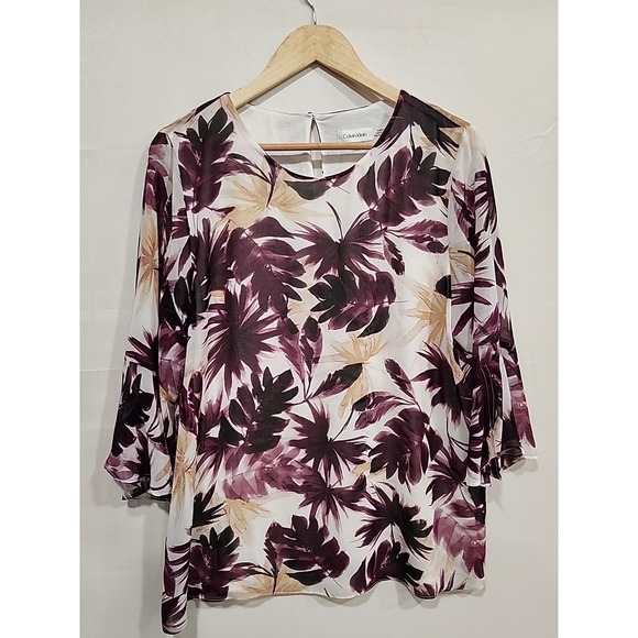 Calvin Klein Tops - Calvin Klein Blouse Womens L Purple Floral Sheer Slip-in 3/4 Sleeve Tropical